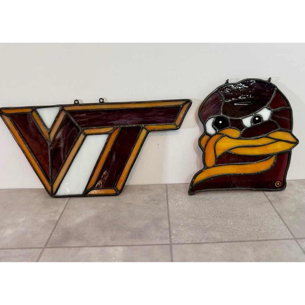 Virginia Tech Hokies Stained Glass Suncatcher Set VT Logo and HokieBird Mascot
